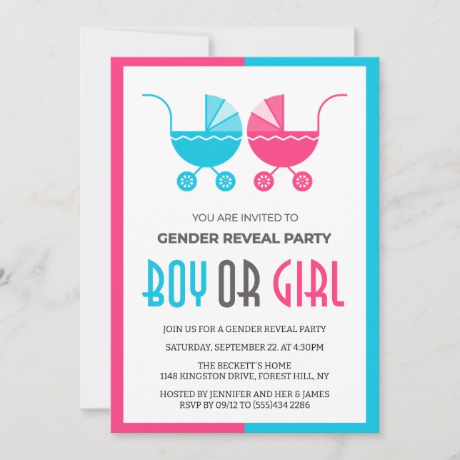 Boy or Girl Baby Stroller Twins Gender Reveal Invitation (Front)