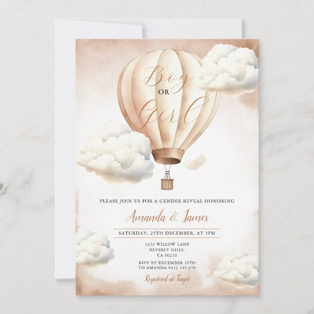 Boy or Girl Beige Hot Air Balloon Gender Reveal Invitation (Front)