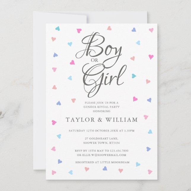 Boy Or Girl Blue Pink Hearts Gender Reveal Party Invitation (Front)