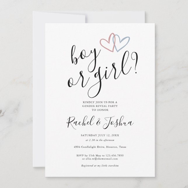 Boy Or Girl Blue Pink Hearts Gender Reveal Party Invitation (Front)