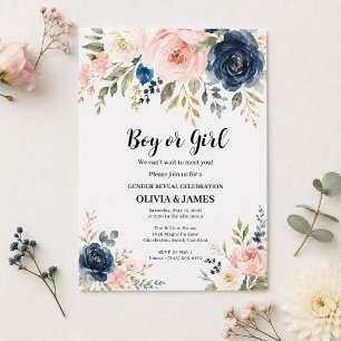Boy or Girl Blush Pink Navy Floral Gender Reveal Invitation