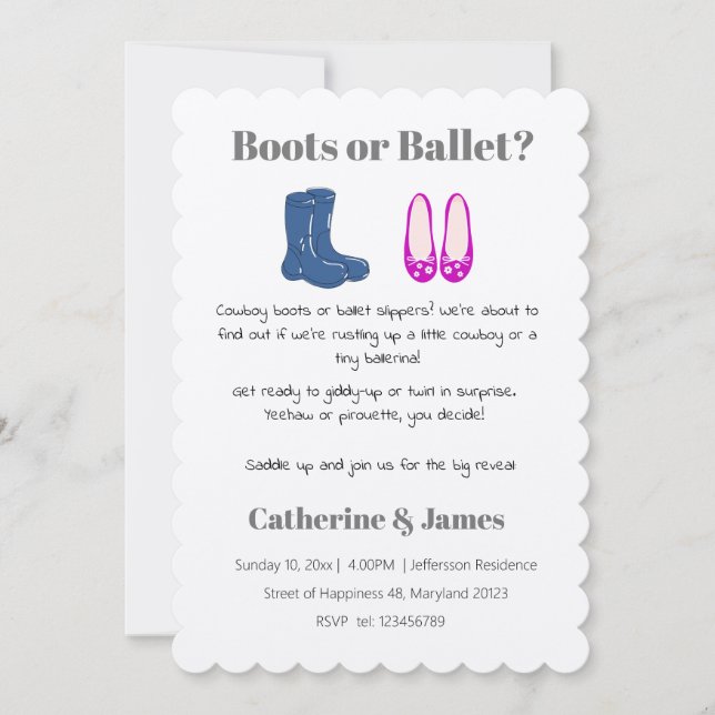 Boy or Girl Cowboy Boots Balet Gender Reveal Invitation (Front)