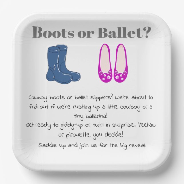 Boy or Girl Cowboy Boots Balet Gender Reveal Paper Plate (Front)