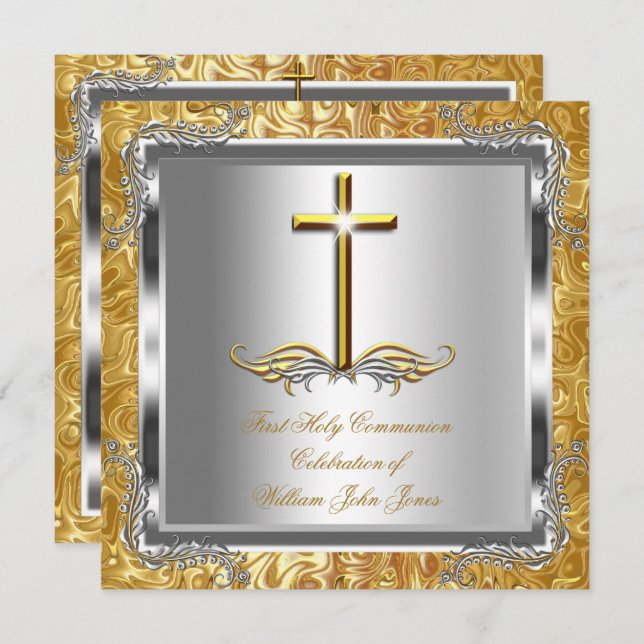 Boy or Girl First 1st Holy Communion Gold Silver 2 Invitation (Front/Back)