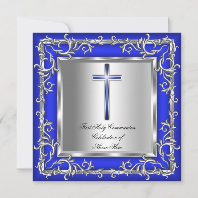 Boy or Girl First Holy Communion Silver Blue 3r Invitation (Front)