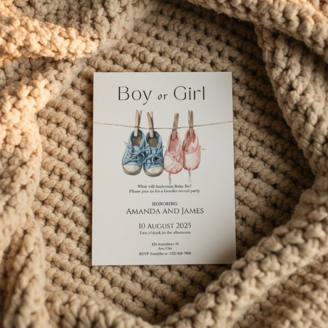 Boy or Girl Gender Reveal Invitation (Gender reveal invitation on beige chunky knit blanket with soft warm light)