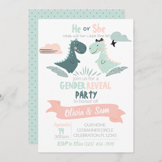 Boy or Girl Gender Reveal Watercolor Dinosaur Invitation (Front/Back)