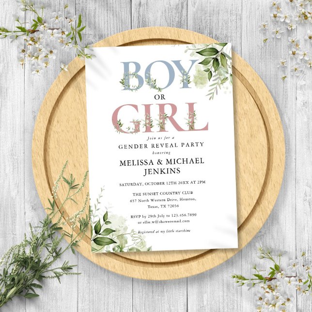 Boy Or Girl Greenery Letter Gender Reveal Party Invitation (Boy Or Girl Greenery Letter Gender Reveal Party Invitation)