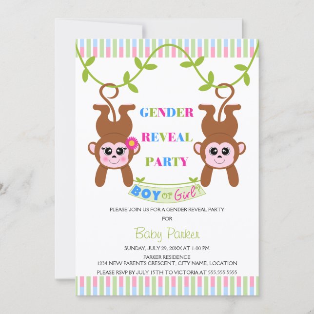 Boy or Girl Monkey Gender Reveal Party Invitation (Front)