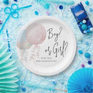 Boy Or Girl Pink and Blue Balloon Gender Reveal Paper Plate