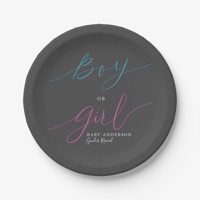 Boy Or Girl Pink Blue Script Gender Reveal Party Paper Plate (Front)