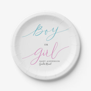 Boy or Girl Pink Blue Script Gender Reveal Party Paper Plate