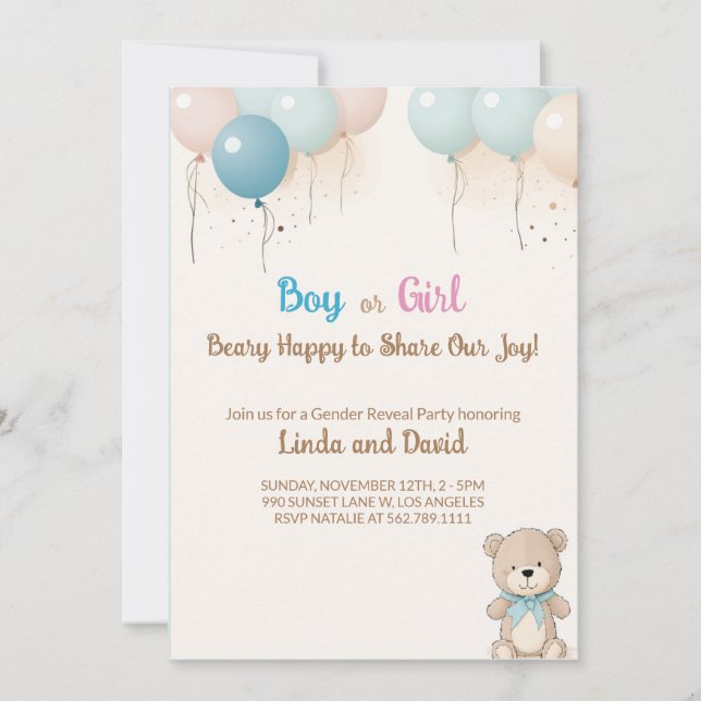 Boy or Girl Teddy Bear Gender Reveal Invitation (Front)
