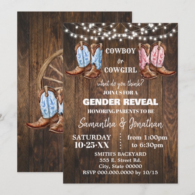 Boy or Girl Western Boots Gender Reveal Shower Invitation (Front/Back)
