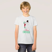 Boy peeking around snowman
