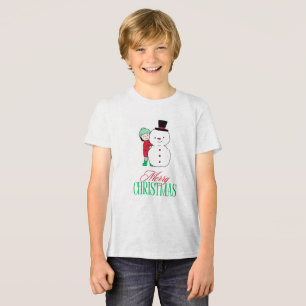 Boy peeking around snowman Tri-Blend shirt