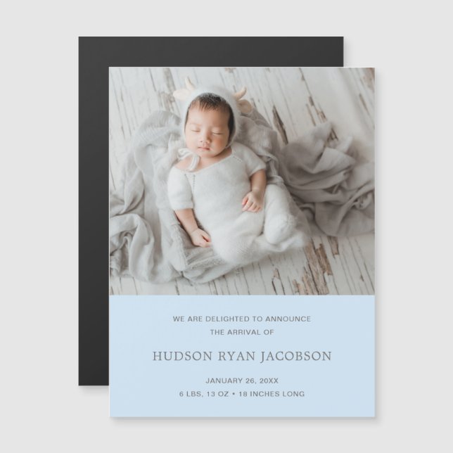 Boy Photo Blue Simple Birth Announcement Magnet (Front/Back)