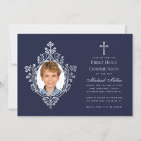 Boy Photo First Communion Navy Blue Faux Silver