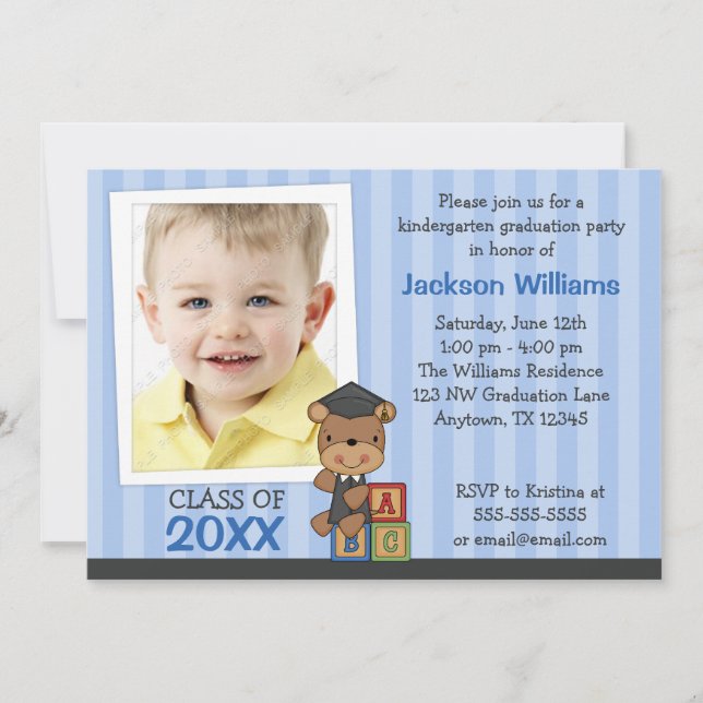 Boy Photo Graduation Bear Blue Stripes Invitation (Front)