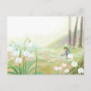 Boy Picking Spring Snowflakes Illustration  Holiday Postcard
