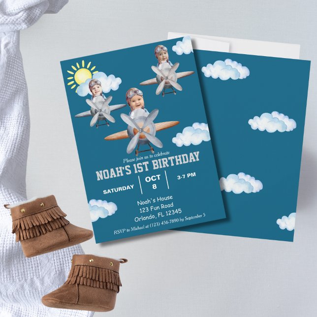 Boy Pilot, Aeroplane & Cloud,Photo First Birthday  Invitation (Creator Uploaded)