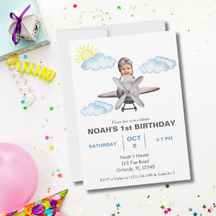 Boy Pilot, Aeroplane & Cloud,Photo First Birthday  Invitation