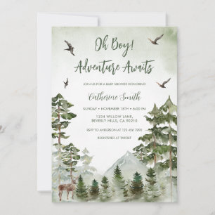 Boy Pine Tree Deer Mountain Forest Baby Shower Invitation