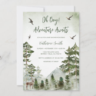 Boy Pine Tree Deer Mountain Forest Baby Shower Invitation