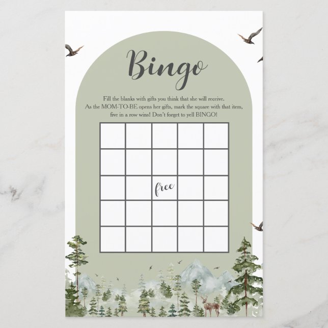 Boy Pine Tree Forest Mountain Baby Shower Bingo (Front)