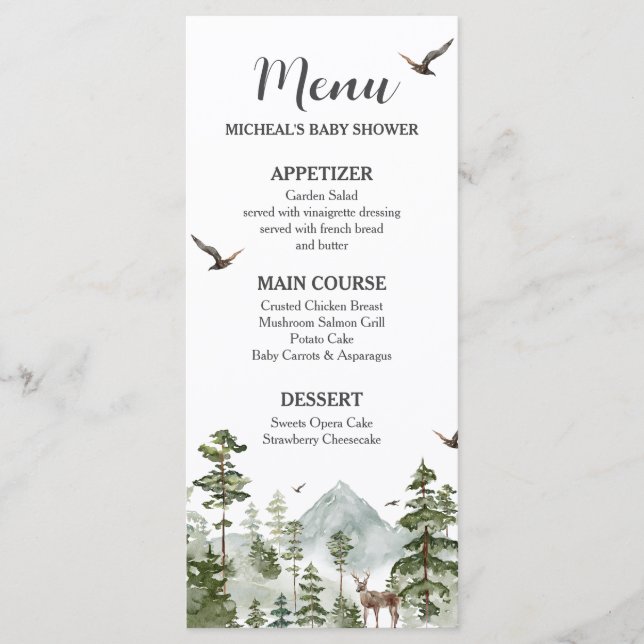 Boy Pine Tree Forest Mountain Baby Shower Menu (Front)