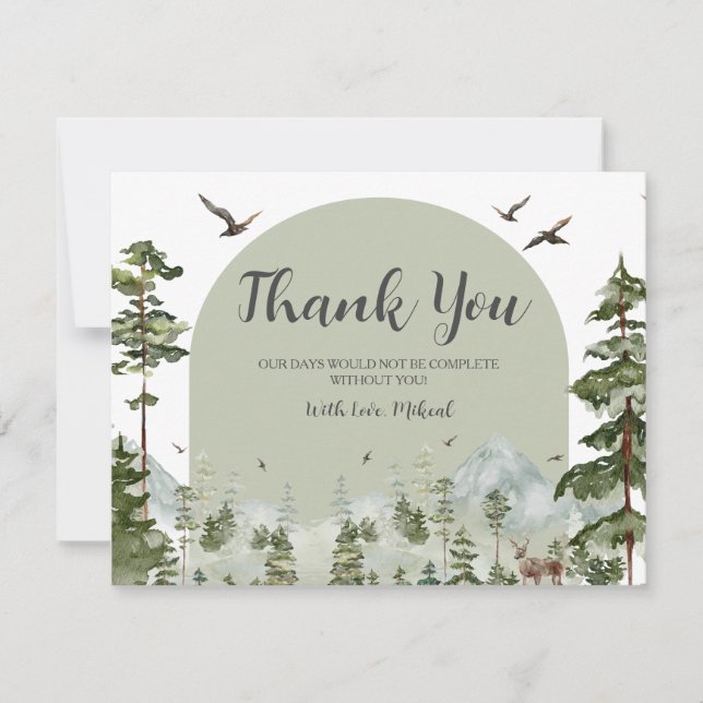 Boy Pine Tree Forest Mountain Baby Shower Thank You Card (Front)
