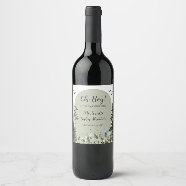 Boy Pine Tree Forest Mountain Baby Shower Wine Label (Front)