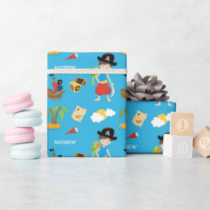 Boy Pirate with Treasure, Parrot, and First Name Wrapping Paper