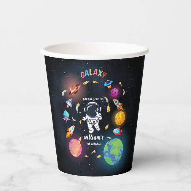 Boy Planet Alien Stars Space galaxy 1st Birthday Paper Cups (Front)