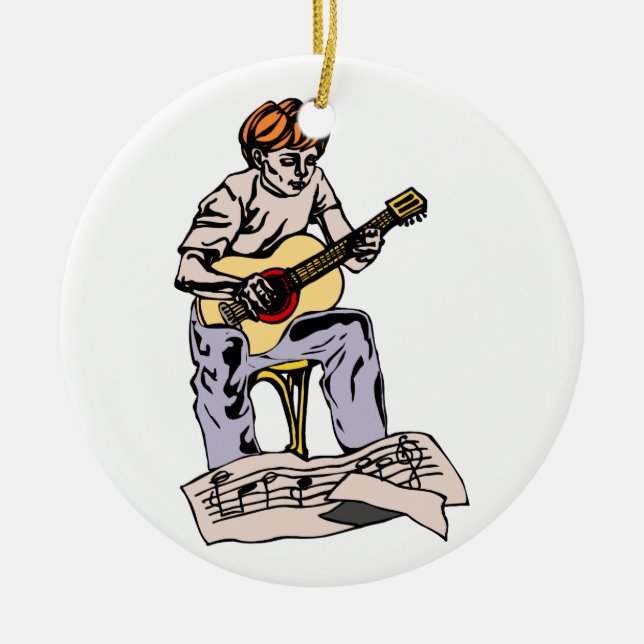 Boy playing acoustic guitar with sheet music ceramic tree decoration (Front)