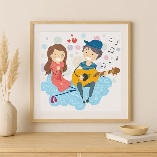 Boy Playing Guitar for Girl Love and Music Poster