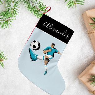 Boy Playing Soccer Kicking Ball Player Coach Name  Small Christmas Stocking