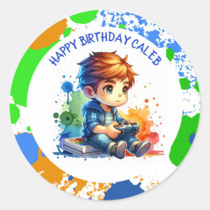 Boy Playing Video Games Personalised Birthday Classic Round Sticker