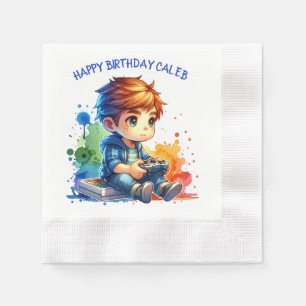 Boy Playing Video Games Personalised Birthday Napkin