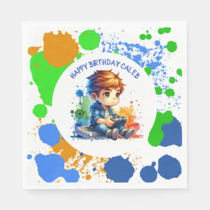Boy Playing Video Games Personalized Birthday Napkin