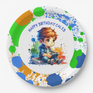 Boy Playing Video Games Personalized Birthday Paper Plate