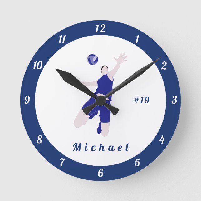 Boy Playing Volleyball Kids Player Name & Number  Round Clock (Front)