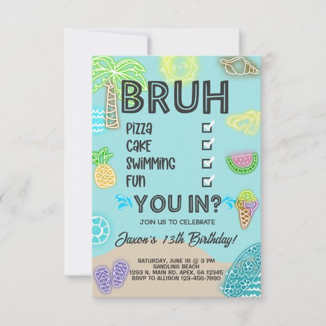 Boy Pool Beach Birthday, neon glow, bruh you in. Invitation (Front)