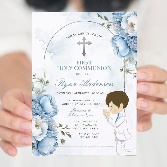 Boy Praying First Holy Communion Dusty Blue Floral Invitation (Creator Uploaded)