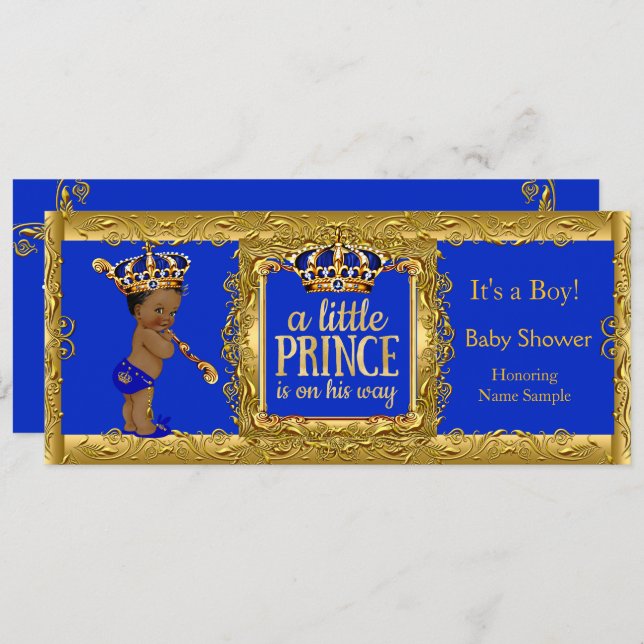 Boy Prince is on his way Royal Blue Gold Ethnic Invitation (Front/Back)
