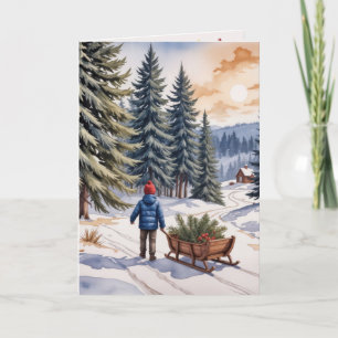 Boy Pulling a Sled With Christmas Evergreen Boughs Card