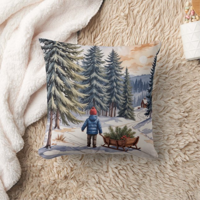 Boy Pulling a Sled With Christmas Evergreen Boughs Cushion (Blanket)