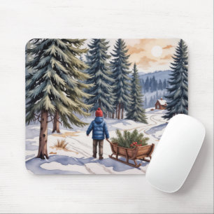 Boy Pulling a Sled With Christmas Evergreen Boughs Mouse Pad