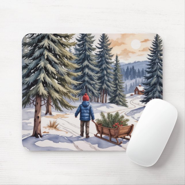 Boy Pulling a Sled With Christmas Evergreen Boughs Mouse Pad (With Mouse)