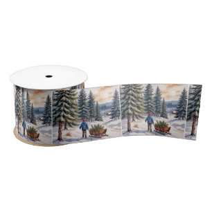 Boy Pulling a Sled With Christmas Evergreen Boughs Satin Ribbon